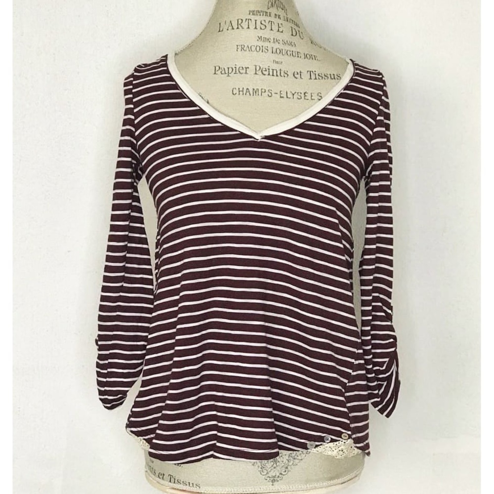 Anthropologie Cassia Blouse By Meadow Rue Maroon Striped Lace Size S